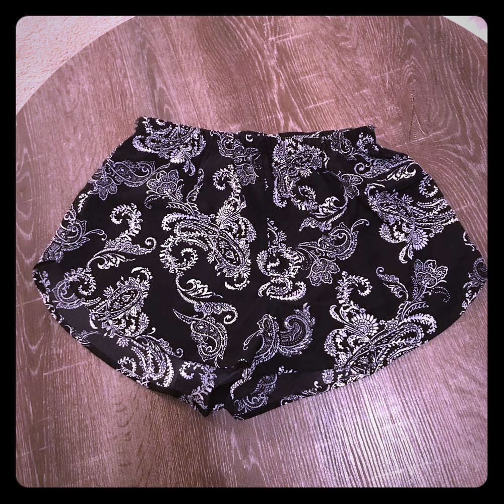 Black with white print patterned dress shorts